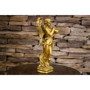 Vintage Gilded Angel Candle Holder Statue | Trumpet Angel Taper Candleholder